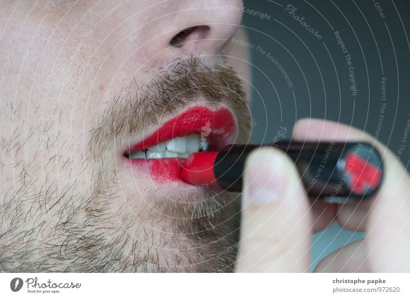 fraternity Cosmetics Make-up Lipstick Masculine Feminine Androgynous Homosexual Man Adults Mouth Facial hair Designer stubble Rebellious Eroticism Cliche Red