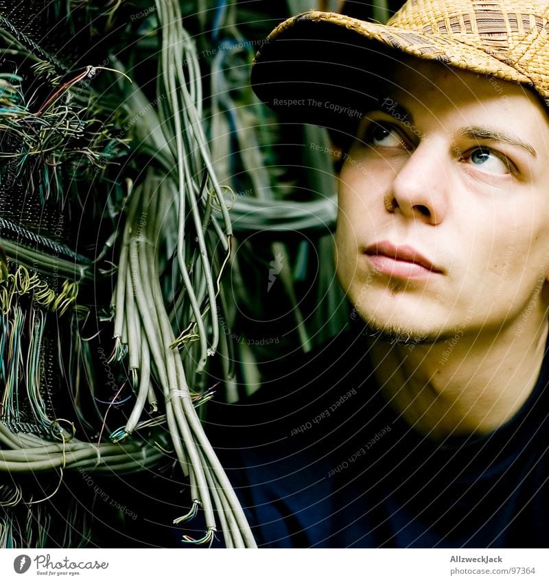 Cable Guy II Portrait photograph String Electricity Terminal connector Interlaced Untidy Muddled Knot Cable TV Man Baseball cap Cap Craft (trade) Derelict