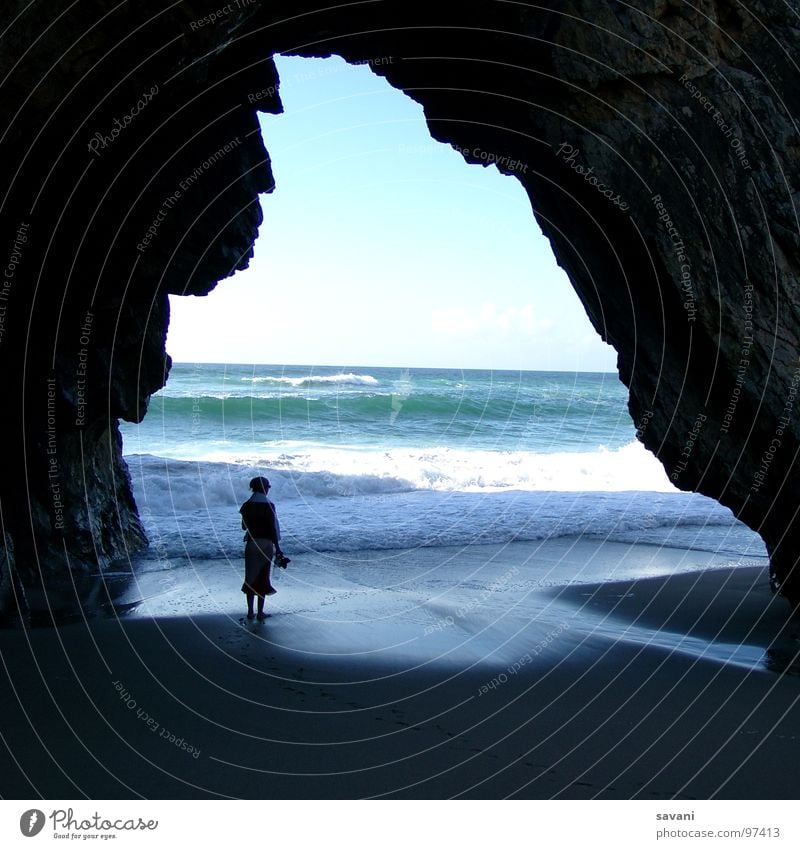 Person in entrance to cave Relaxation Swimming & Bathing Leisure and hobbies Vacation & Travel Far-off places Freedom Summer Sun Beach Ocean Waves Nature Water