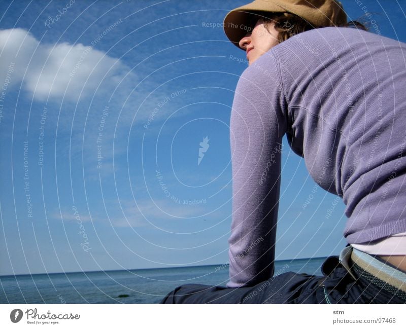 blue 01 Woman Beach Ocean Clouds Think Observe Relaxation Dream Cap T-shirt Pants Joy Water Face ponder Looking obsessed Hat Sit