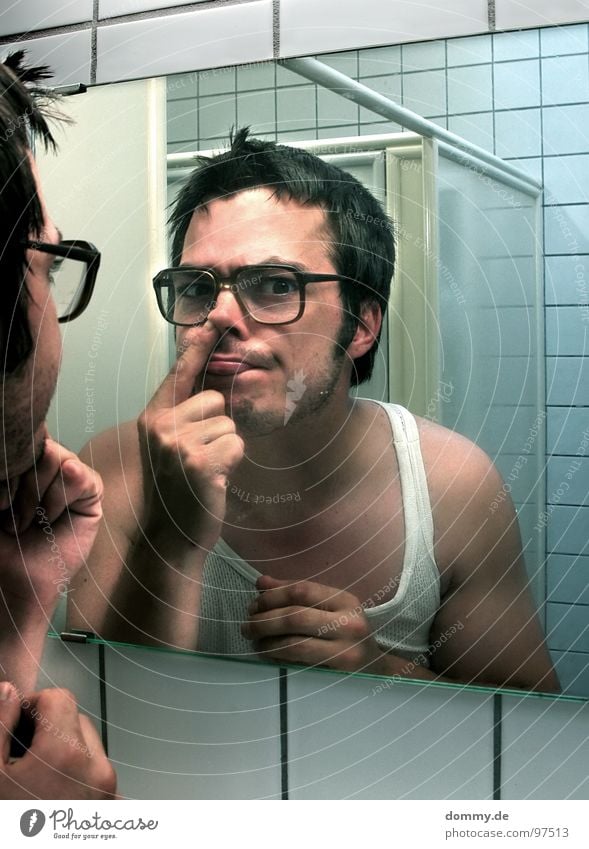 mirror, mirror II Man Fellow Eyeglasses Hideous Undershirt Bathroom Mirror Mirror image Fingers Tile Drill Nasal discharge Facial hair Dirty Antisocial person