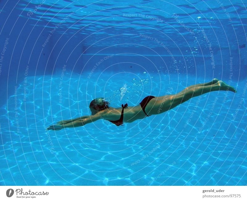Refreshment in the pool Swimming pool Woman Bikini Summer Jump Dive Cooling Relaxation Hover Reflection Majorca Water refresh Movement Dynamics