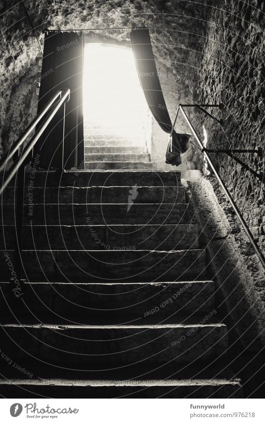 way up Wall (barrier) Wall (building) Stairs Dream Longing Fear Beginning Mysterious Hope Glistening Bright Drape Stage Under Above Vault Black & white photo