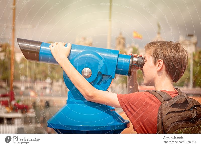 Tourist at the telescope Lifestyle Vacation & Travel Tourism Sightseeing City trip Summer vacation Telescope Human being Masculine Youth (Young adults) Eyes Arm