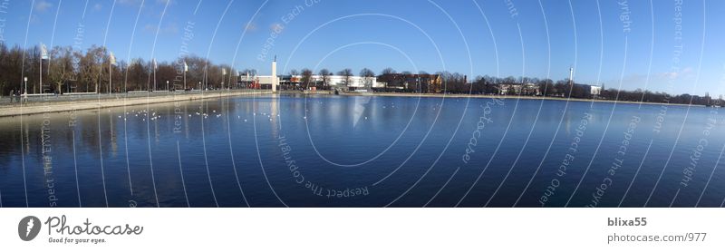 Maschsee Hanover Panorama (View) Hannover Wide angle Lake Promenade Far-off places Smoothness Horizon Beautiful weather Clear sky Mixed Summer Water Coast