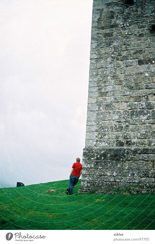 castel Red Green Gray Winter Grief Distress Castle Loneliness Grass Cold Looking Contrast Landscape Meadow Castle wall Uniqueness Clouds Fog Stone wall Lean