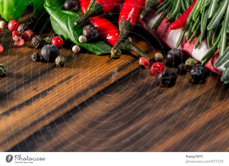 Sharp Food Herbs and spices Basil Rosemary Peppercorn Chili Nutrition Organic produce Vegetarian diet Italian Food Chopping board Wood Fragrance Delicious Brown