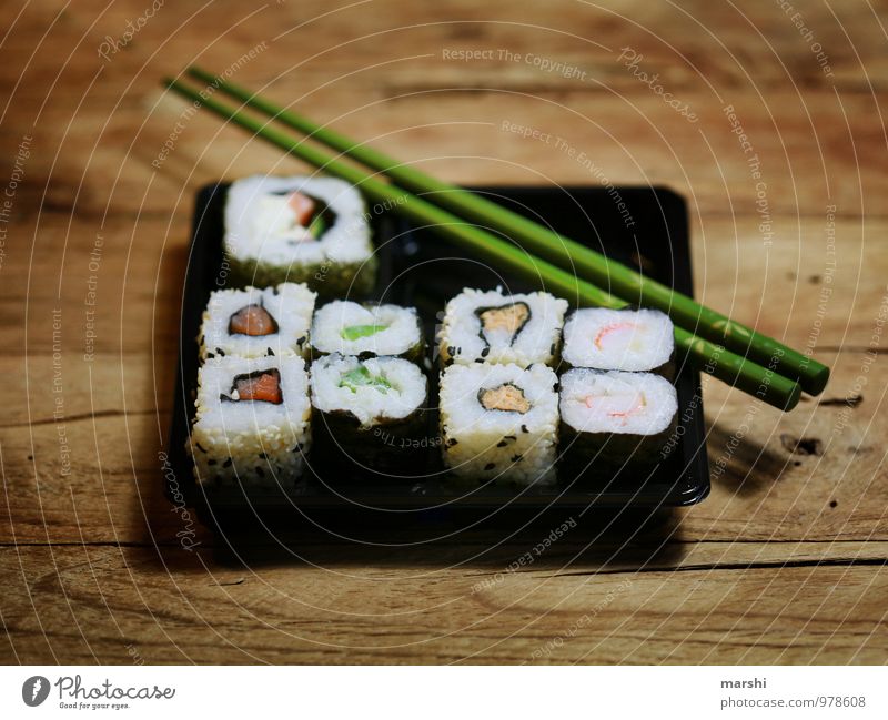 SUSHIBOX Food Fish Nutrition Eating Dinner Finger food Sushi Moody Chopstick Rice Food photograph Wooden table Essen Asian Food Rolled Bowl Box Colour photo