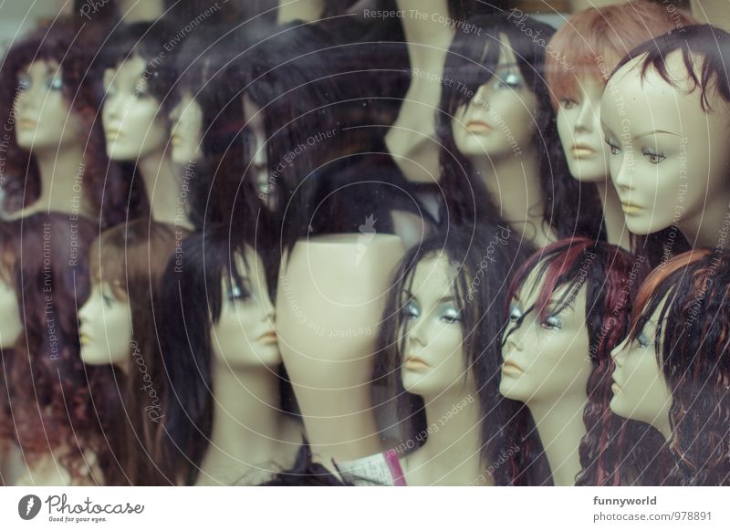 show window Beautiful Hair and hairstyles Black-haired Brunette Bald or shaved head Wig Mannequin Esthetic Creepy Crazy Bizarre Shopping Plastic Sell