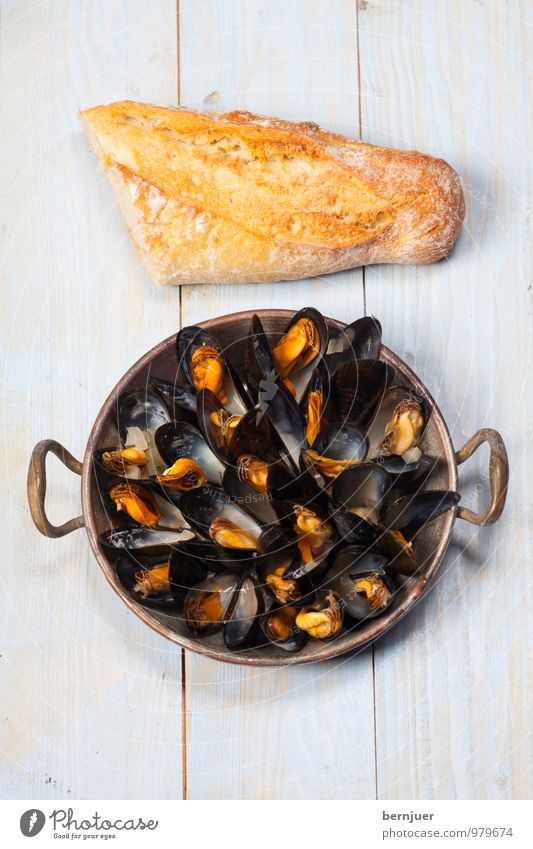 Mussels from Brussels Food Seafood Dough Baked goods Lunch Dinner Organic produce Bowl Cheap Good Mussel shell Bread Baguette Wooden board Rustic