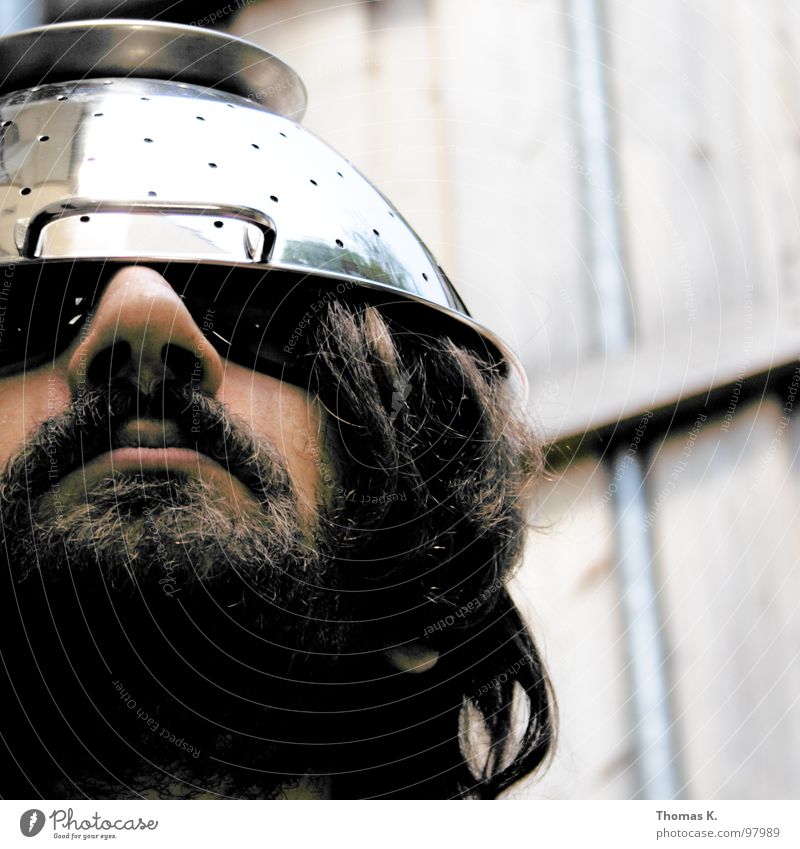 ...doesn't fall far from the tribe. Portrait photograph Disbelief Helmet Mistrust Humor Electronic Magnetic Chrome Carry handle UFO Communicate Looking Hat