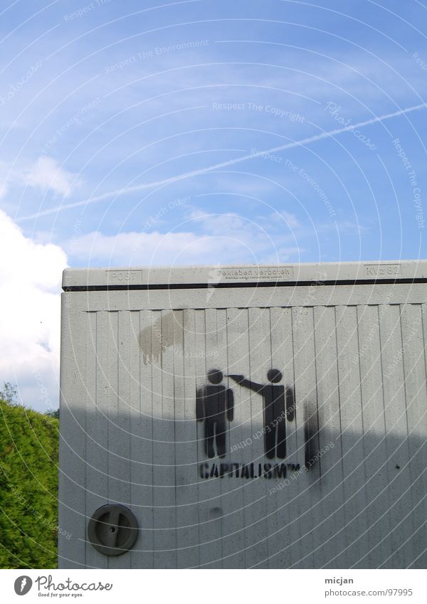 CAPITALISM ™ Capitalism Shoot Weapon Threat 2 Man Symbols and metaphors Spray Daub Stencil Art Pictogram Dirty Open Riot Clouds Green Bushes Furrow Defend