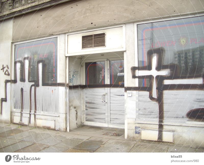 Closed Shop - Leipzig Decline Daub Store premises Spray Blemish Art Town Shop window Architecture Graffiti Back proofed Loneliness abandoned Window pane