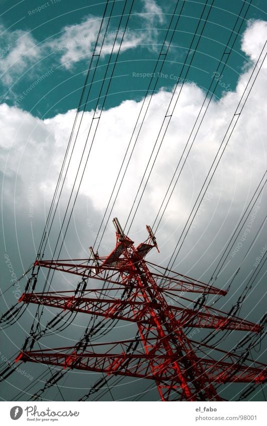 stromgiese Electricity pylon Clouds Green Red Iron 08 15 Electrical equipment Technology Energy industry Sky Industrial Photography Metal etc etc