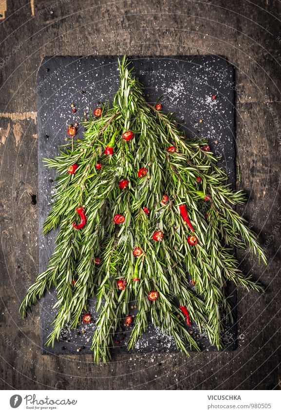 Rosemary Christmas Tree with Red Chili Decoration Food Herbs and spices Nutrition Style Design Healthy Eating Life Leisure and hobbies Handicraft Nature Wood