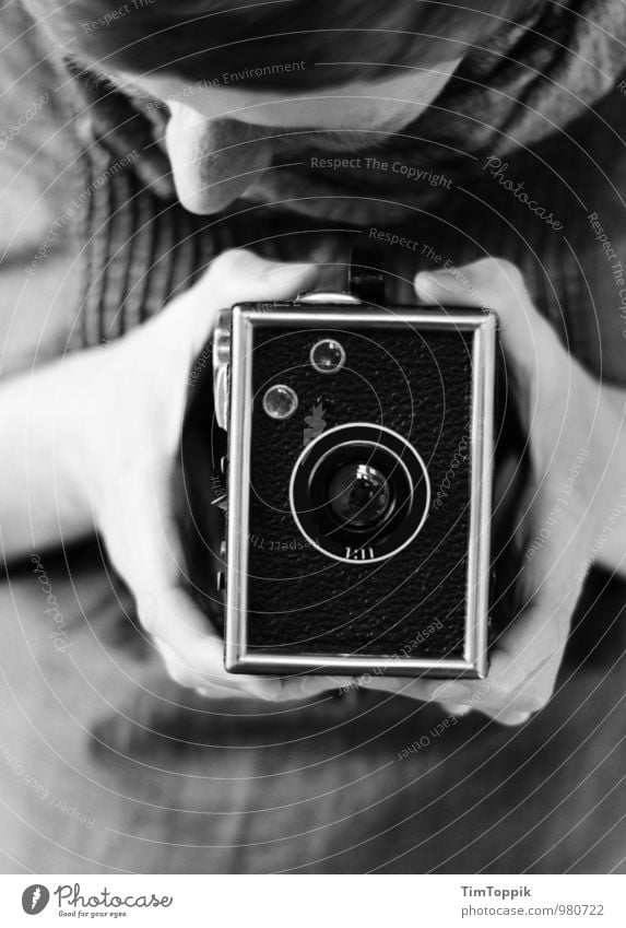 in box Feminine Woman Adults 1 Human being 30 - 45 years Looking Photography Take a photo Camera Vintage Retro Photographer Black & white photo Hand Viewfinder
