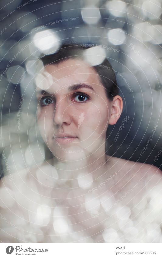 Glitter! Feminine Young woman Youth (Young adults) Woman Adults Face 1 Human being 18 - 30 years Smiling Gold Gray Glittering Blur Portrait photograph
