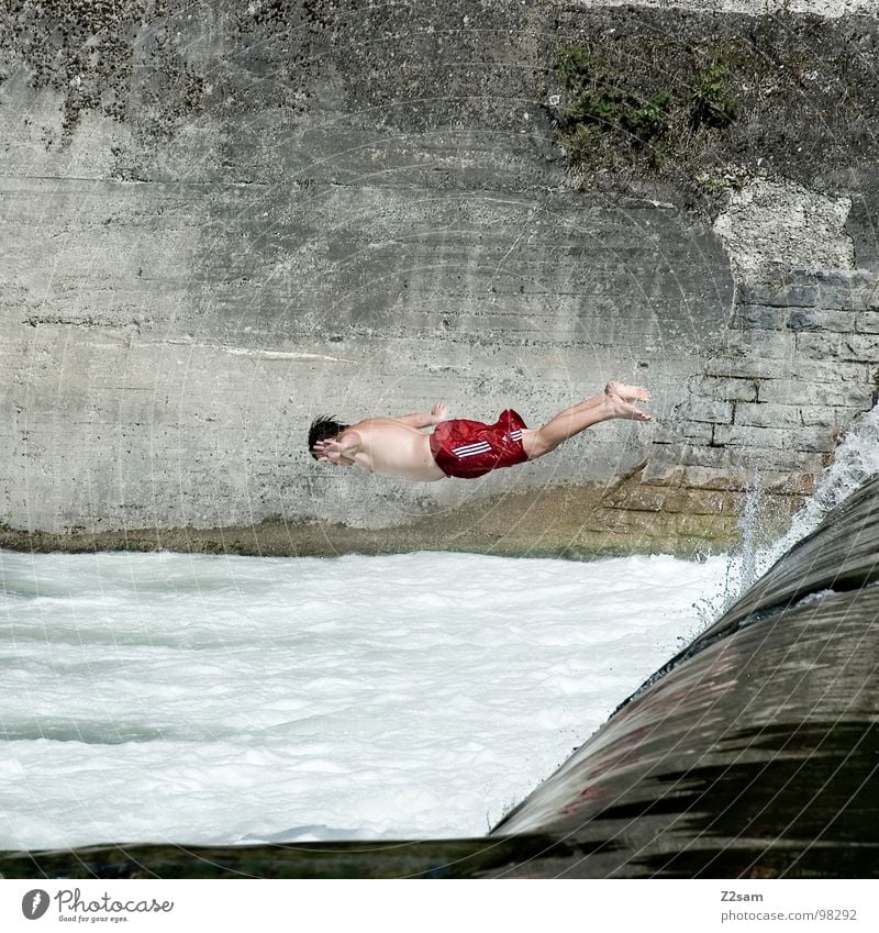 Isar Jumper VI Summer White crest Body of water Bavaria Munich Headfirst dive 2 Downward Wall (building) Wall (barrier) Dangerous Sports Water Blue Level Above