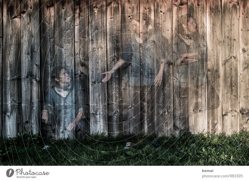 Woman on barn wall in 3 different poses, multiple exposure Lifestyle Human being Feminine Adults Body 30 - 45 years Grass Wooden wall Sit Stand Emotions Moody