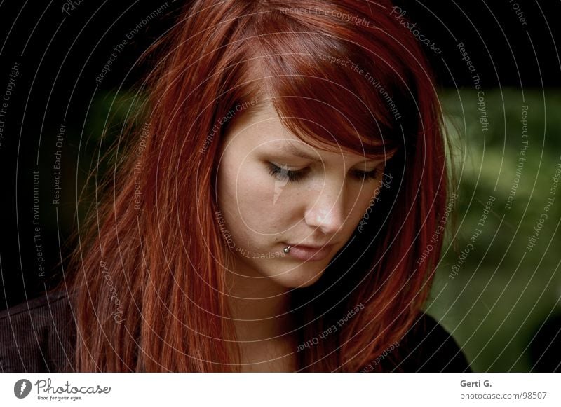 happy model Woman Young woman Beautiful Grief Think Thought Long-haired Red-haired Green Portrait photograph Hope Distress Concern Dark Feeble Human being