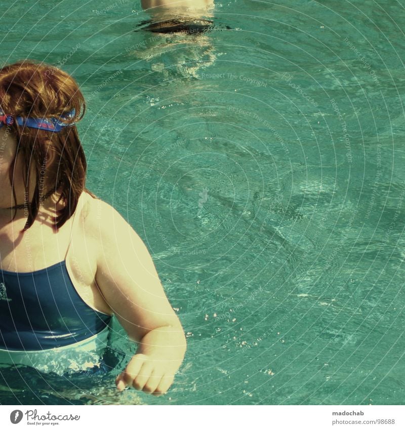 THIN CHILD Girl Child Youth (Young adults) Red Red-haired Retro trash Swimming pool Hand Swimsuit Wet Seventies Human being girl overweight teases fat sack pot
