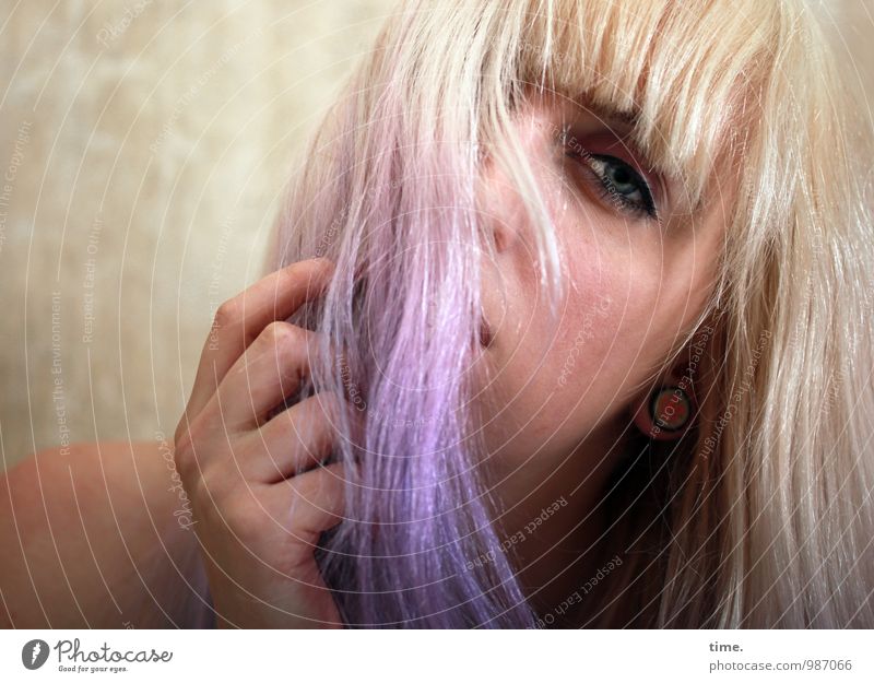 . Feminine Young woman Youth (Young adults) 1 Human being Blonde Long-haired Bangs Punk Observe Communicate Looking Dream Beautiful Naked Rebellious Emotions