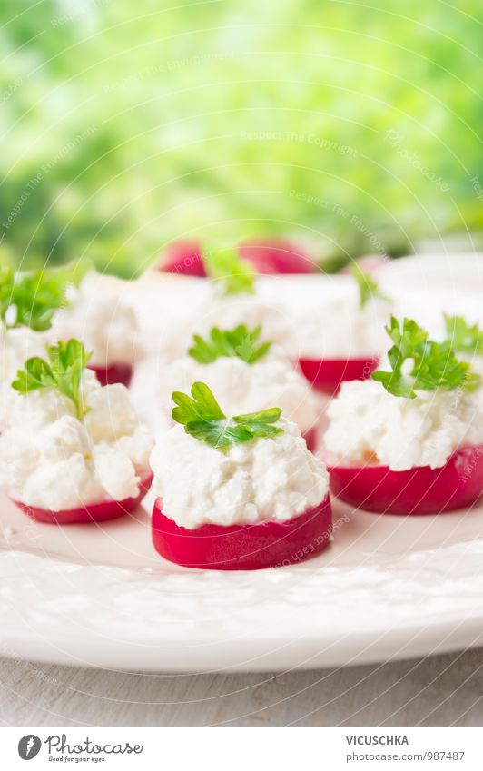 Radish snacks with cream cheese in the garden Food Cheese Dairy Products Vegetable Herbs and spices Nutrition Breakfast Lunch Picnic Organic produce