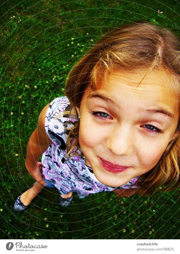 What are you looking at? Blonde Grass Green Grass green Dress Youth (Young adults) Child Joy lol Funny Hair and hairstyles Eyes Mouth Nose Janina Ballerina