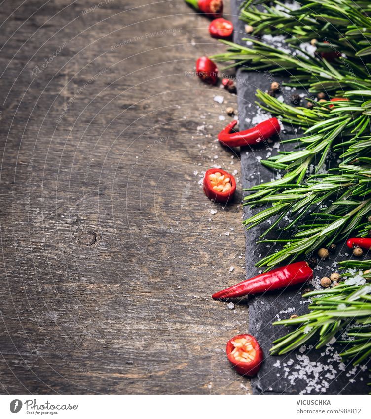 Rosemary, chopped chili and salt, wood background Food Herbs and spices Nutrition Organic produce Diet Style Design Healthy Eating Life Kitchen Nature Yellow