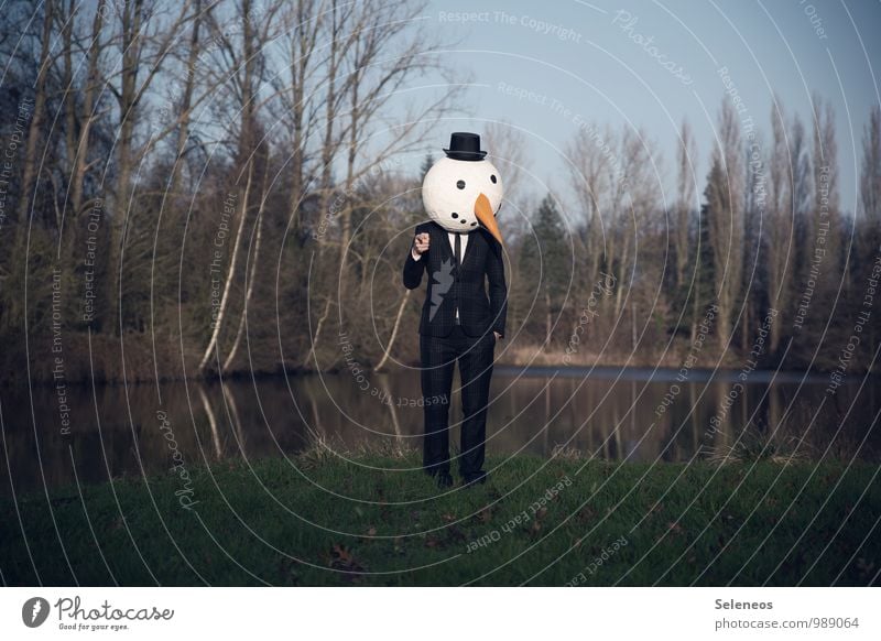 I want you. Carnival Human being 1 Environment Nature Landscape Water Cloudless sky Winter Tree Coast Pond Lake Suit Hat Top hat Cold Carnival costume