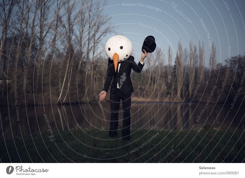 SNOWMAN Carnival Human being Masculine Man Adults 1 Winter Park Lakeside Clothing Suit Hat Top hat Whimsical Surrealism Snowman Welcome Colour photo