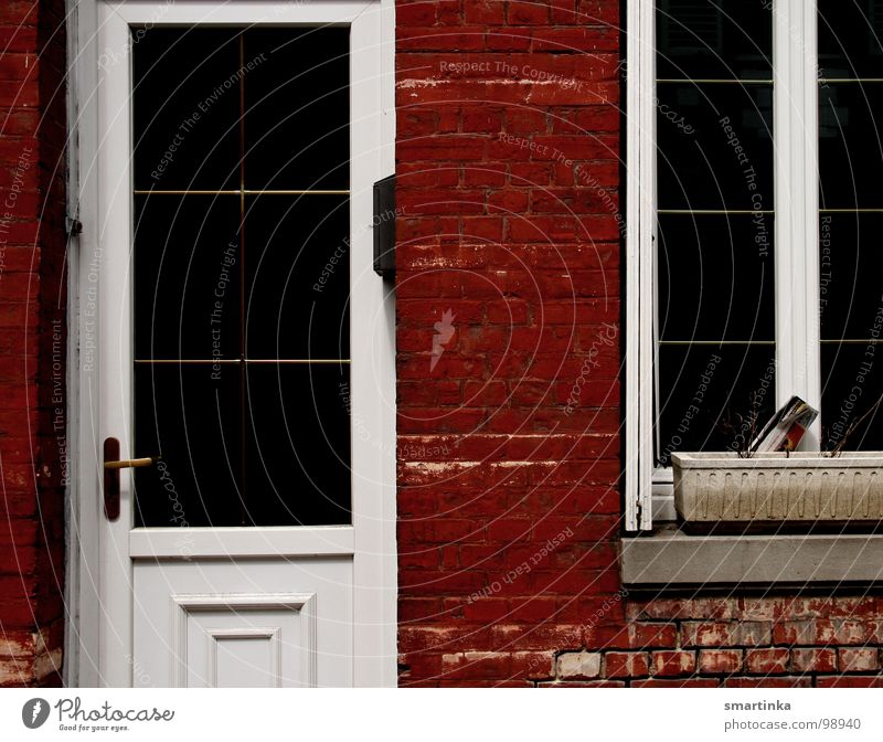 Red / White Entrance Window Facade Broken Derelict France Living or residing Door red bricks orphaned flowerpot Loneliness