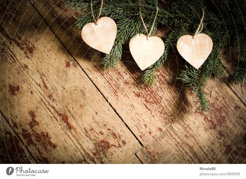 Three Hearts for Cinderella Decoration Fir branch Old Floorboards Vintage Retro Wood 3 Card Christmassy Advent Copy Space design template Rustic Cozy
