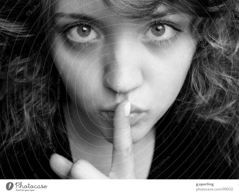 pssscht... Calm Portrait photograph Woman Girl Trust shush Looking Face Black & white photo