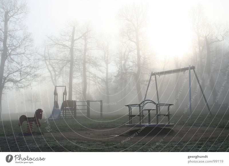 the fog plays Fog Tree Forest Fairy tale Hexentanzplatz Witch White Gray Playground Playing Fairs & Carnivals Carousel December Hoar frost Romp Cold Grief Eerie