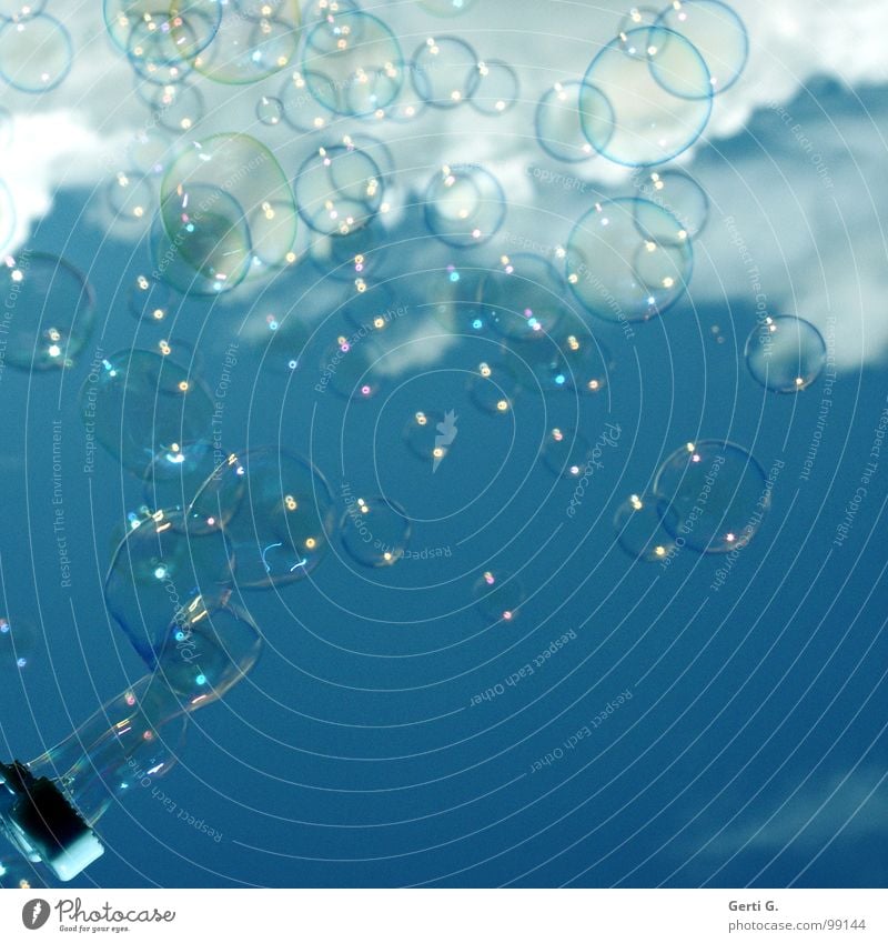 blow bubbles Soap bubble Air bubble Blow Above the clouds Hover Glide Clouds Dream Foam Gorgeous Heavenly Sky blue Difference Size difference Soft Delicate