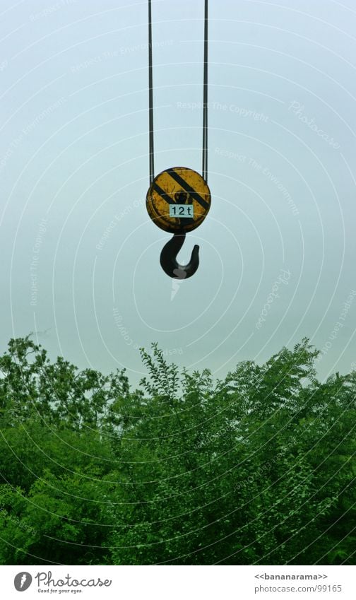 There's a hook Checkmark Bushes Green Yellow Black Hang up Lift Logistics Hover Crane Make believe Gray Industry Sky Blue Rope faked cheated conned Metal