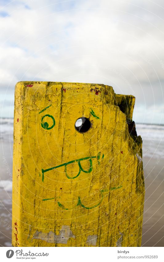 full post Clouds Beach Wood Looking Exceptional Funny Yellow Creativity Whimsical Facial painting Humor Carved wooden head Pole Eyes Facial expression Face