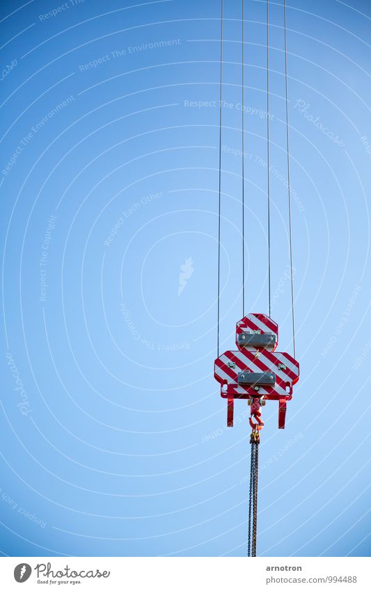on the hook Tool Machinery Technology Air Cloudless sky Beautiful weather Work and employment Hang Carrying Free Blue Red White Power Crane Stability