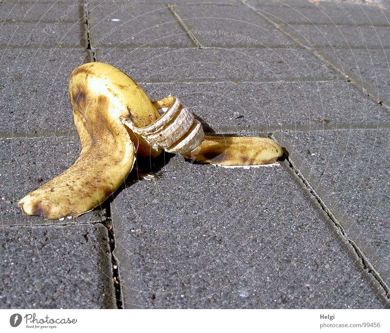 Banana skin lying on a sidewalk Sidewalk Seam Gray Throw away Trash Biogradable waste Smoothness Yellow Brown White Accident Eaten Dappled Risk of accident