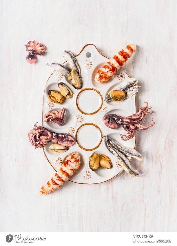 Seafood in rustic finger food plate Food Fish Nutrition Lunch Buffet Brunch Banquet Organic produce Vegetarian diet Diet Finger food Plate Bowl Style Design