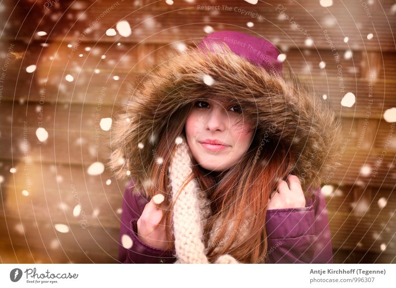 winter wonderland Girl Young woman Youth (Young adults) Sister Infancy 1 Human being 13 - 18 years Child Winter Ice Frost Snowfall Smiling Cute Brown Gold