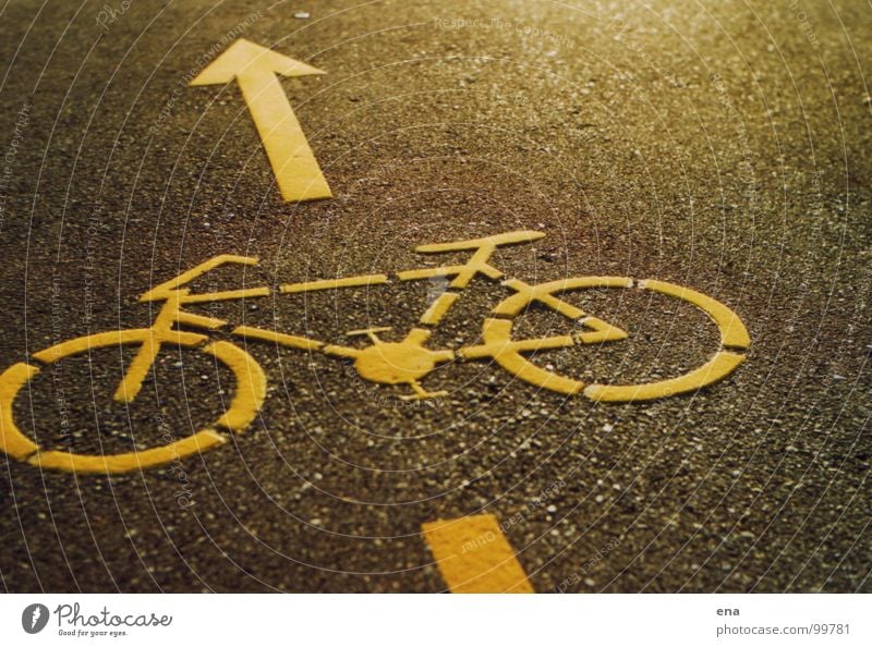 piece the bike Asphalt Cycle path Symbols and metaphors Pictogram Yellow Grainy Street sign Konstanz district Floor covering Lane markings