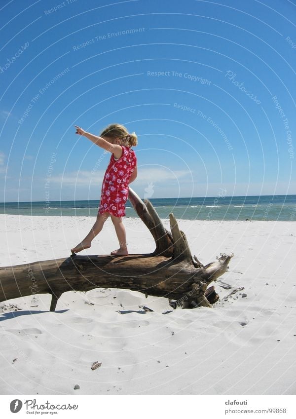 Balance dance Contentment Beach Ocean Dance Child Girl 1 Human being 3 - 8 years Infancy Sand Coast Baltic Sea Dress Playing Blue Pink Joy Happiness Driftwood
