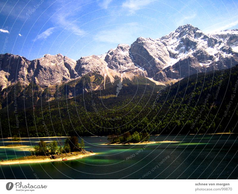 World of health Eib Lake Mountain range Summer Turquoise Clouds Forest Tree Mountain lake Zugspitze Panorama (View) Water Blue Sky Island Tall Large
