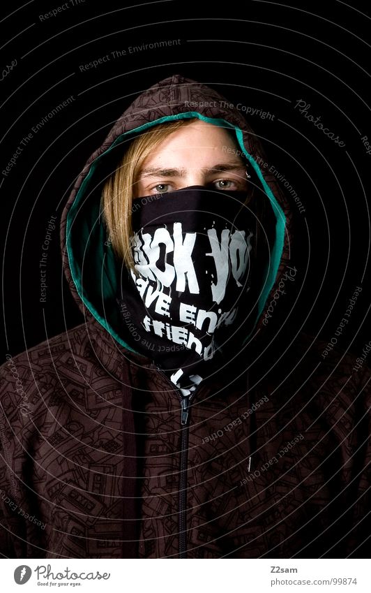 Fuck you! Man Portrait photograph Upper body Blonde Youth (Young adults) Green Pattern Amazed Scare Criminal Hip-hop Youth culture Tagger Human being Head