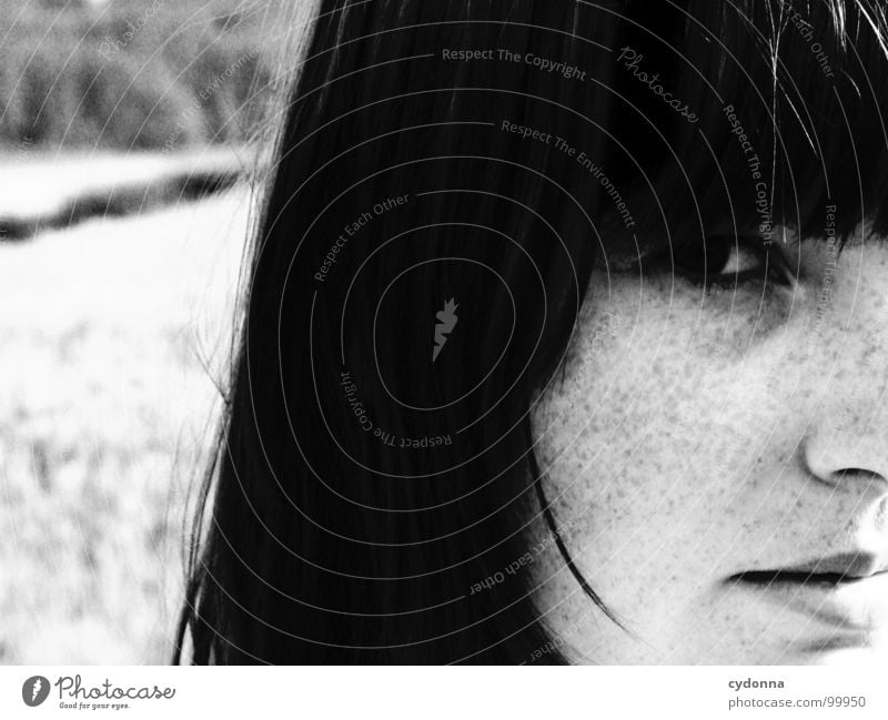summer breeze Self portrait Woman Identity Uniqueness Light Think Dark Silhouette Freckles Field Summer Black & white photo Human being Face Looking Contrast